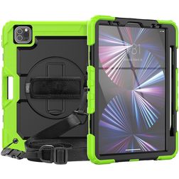 Mobigear SureGrip Xtreme Coque iPad Air 11 Pouces (2024) Coque arrière en Plastique rigide,Silicone + Porte-crayon + Bandoulière + Support Amovible - Noir / Vert
