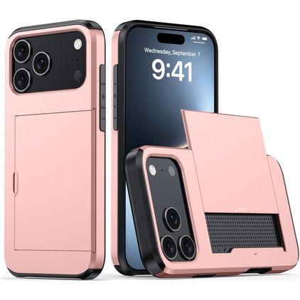 Mobigear Card Coque iPhone 18 Pro Coque arrière Rigide Anti-Chocs avec Porte-Cartes - Rose