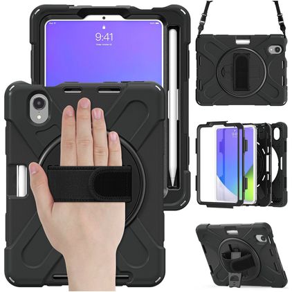 Mobigear SureGrip XGuard Coque iPad Mini 7 (2024) Coque arrière en Plastique rigide,Silicone + Porte-crayon + Bandoulière + Support Amovible - Noir