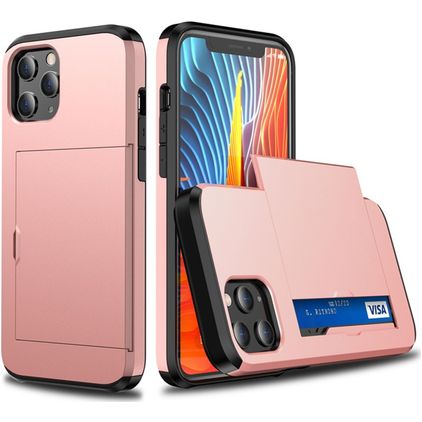 Mobigear Card Coque iPhone 12 Coque arrière Rigide Anti-Chocs avec Porte-Cartes - Rose doré