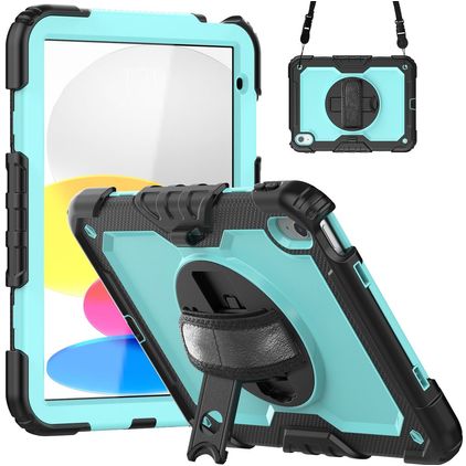 Mobigear SureGrip Xtreme iPad 10 (2022) Plastique rigide / Silicone Coque arrière + Bandoulière + Support - Noir / Bleu