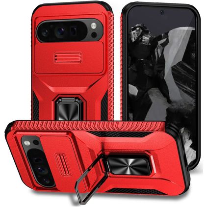 Mobigear Armor Ring Cam Slide Google Pixel 9 Pro XL Plastique rigide Coque arrière Antichoc avec bague de maintien et cache caméra coulissant - Rouge