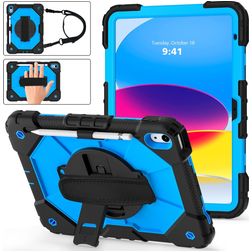 Mobigear SureGrip Xtreme Coque iPad 10 (2022) Coque arrière en Plastique rigide,Silicone + Porte-crayon + Bandoulière + Support Amovible - Bleu