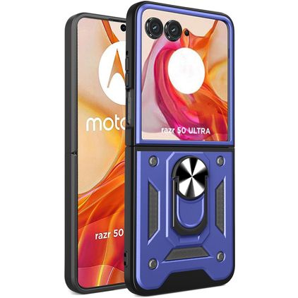 Mobigear Armor Ring Coque Motorola Razr 50 Ultra Coque arrière Rigide Anti-Chocs avec Anneau-Support - Bleu
