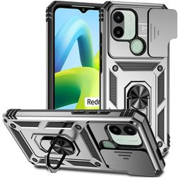 Mobigear Armor Ring Cam Slide Xiaomi Redmi A1 4G Plastique rigide Coque arrière Antichoc avec bague de maintien et cache caméra coulissant - Argent