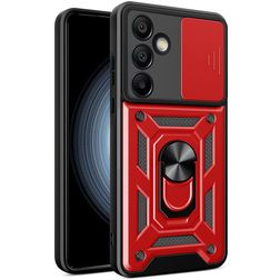 Mobigear Armor Ring Cam Slide Samsung Galaxy S24 FE Plastique rigide Coque arrière Antichoc avec bague de maintien et cache caméra coulissant - Rouge