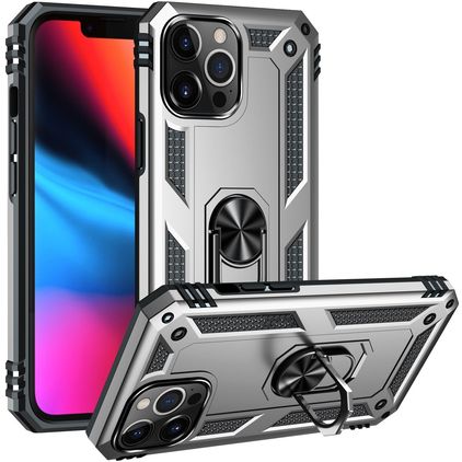 Mobigear Armor Ring Coque iPhone 14 Pro Max Coque arrière Rigide Anti-Chocs avec Anneau-Support - Argent