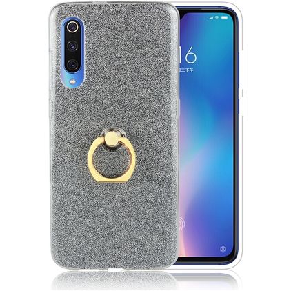 Mobigear Glitter Ring Coque Xiaomi Mi 9 Coque arrière en TPU Souple avec Anneau-Support - Noir