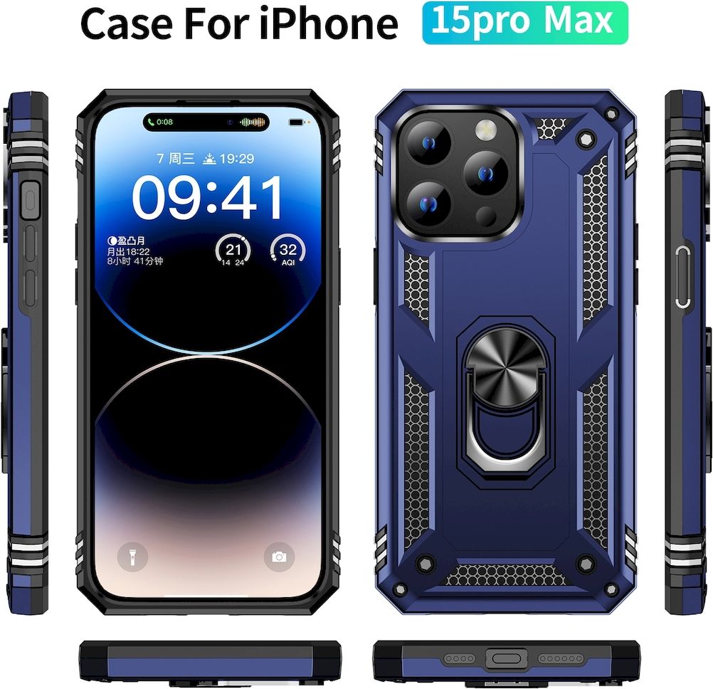 Coque Arrière IPhone 15 Pro (Bleu) - Verre Trempé Avec Aimant Et Anneaux Caméra