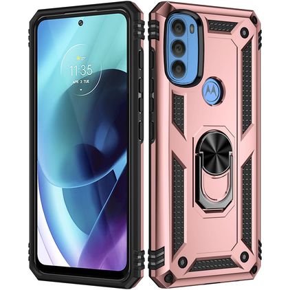 Mobigear Armor Ring Motorola Moto G71 5G Plastique rigide Coque arrière Antichoc avec bague de maintien - Rose doré