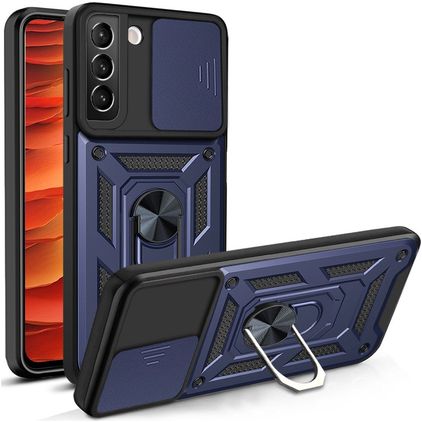 Mobigear Armor Ring Cam Slide Samsung Galaxy S22 Plastique rigide Coque arrière Antichoc avec bague de maintien et cache caméra coulissant - Bleu