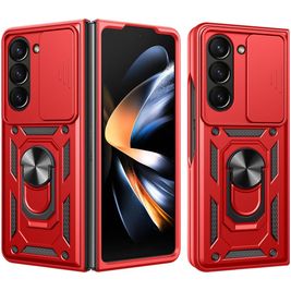 Mobigear Armor Ring Cam Slide Coque Samsung Galaxy Z Fold 7 Coque arrière Rigide Anti-Chocs avec Anneau-Support et Protecteur Lentilles - Rouge