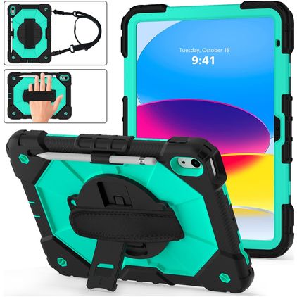 Mobigear SureGrip Xtreme Coque iPad 10 (2022) Coque arrière en Plastique rigide,Silicone + Porte-crayon + Bandoulière + Support Amovible - Noir / Turquoise