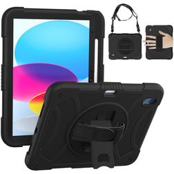 Mobigear SureGrip Coque iPad 10 (2022) Coque arrière en Plastique rigide,Silicone + Porte-crayon + Bandoulière + Support Amovible - Noir