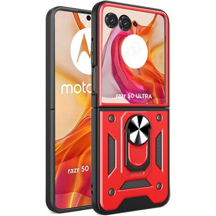 Mobigear Armor Ring Coque Motorola Razr 50 Ultra Coque arrière Rigide Anti-Chocs avec Anneau-Support - Rouge