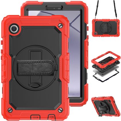 Mobigear SureGrip Xtreme Coque Samsung Galaxy Tab A9 (2023) Coque arrière en Plastique rigide,Silicone + Bandoulière + Support Amovible - Rouge