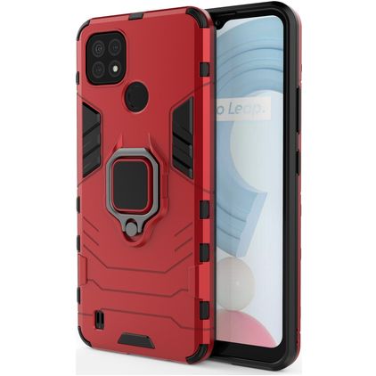 Mobigear Armor Ring Realme C21 Plastique rigide Coque arrière Antichoc avec bague de maintien - Rouge