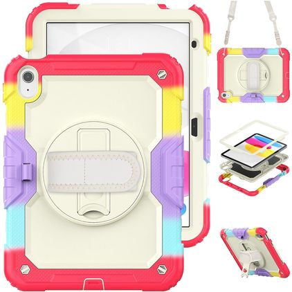 Mobigear SureGrip Xtreme Coque iPad 10 (2022) Coque arrière en Plastique rigide,Silicone + Bandoulière + Support Amovible - Rainbow