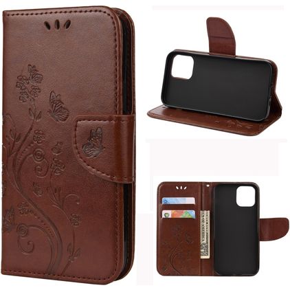 Mobigear Flowers iPhone 12 Mini Étui Portefeuille - Marron