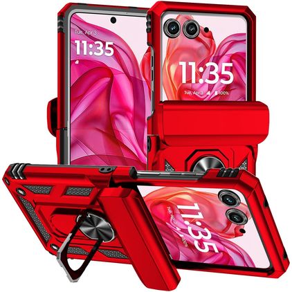 Mobigear Armor Ring Coque Motorola Razr 50 Coque arrière Rigide Anti-Chocs avec Anneau-Support - Rouge
