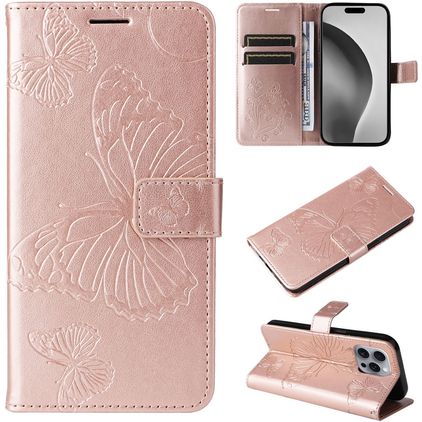 Mobigear Butterfly iPhone 16 Pro Max Étui Portefeuille - Rose doré