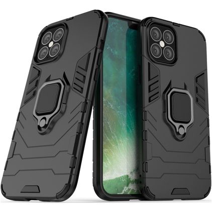 Mobigear Armor Ring Coque iPhone 12 Coque arrière Rigide Anti-Chocs avec Anneau-Support - Noir