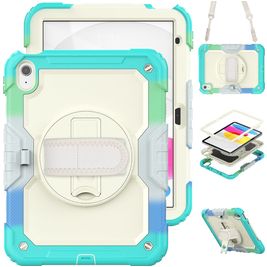 Mobigear SureGrip Xtreme Coque iPad 10 (2022) Coque arrière en Plastique rigide,Silicone + Bandoulière + Support Amovible - Blanc / Turquoise