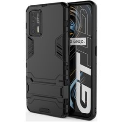 Mobigear Armor Stand Realme GT Plastique rigide Coque arrière Antichoc avec béquille - Noir