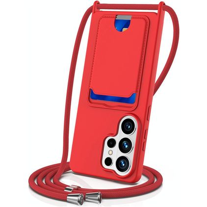 Mobigear Lanyard Card Samsung Galaxy S26 Ultra Coque avec cordon en Silicone et Porte-Cartes - Rouge