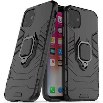 Mobigear Armor Ring Coque iPhone 11 Coque arrière Rigide Anti-Chocs avec Anneau-Support - Noir