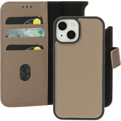 Mobiparts Housse iPhone 15 MagSafe Etui avec Coque Détachable en Cuir Véritable Porte-Monnaie - Taupe