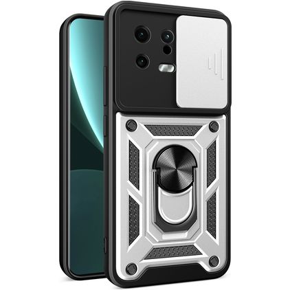 Mobigear Armor Ring Cam Slide Xiaomi 13 Plastique rigide Coque arrière Antichoc avec bague de maintien et cache caméra coulissant - Argent