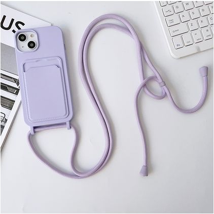 Mobigear Lanyard Card iPhone 15 Plus Coque avec cordon en Silicone et Porte-Cartes - Violet
