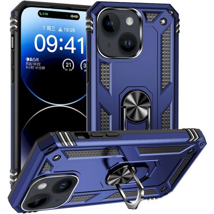 Mobigear Armor Ring Coque iPhone 15 Coque arrière Rigide Anti-Chocs avec Anneau-Support - Bleu