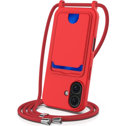 Mobigear Lanyard Card iPhone 16 Plus Coque avec cordon en Silicone et Porte-Cartes - Rouge