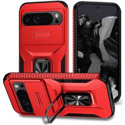 Mobigear Armor Ring Cam Slide Google Pixel 9 Pro XL Plastique rigide Coque arrière Antichoc avec bague de maintien et cache caméra coulissant - Rouge