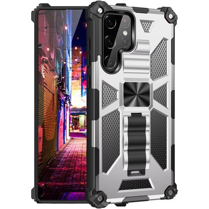 Mobigear Armor Stand Coque Samsung Galaxy S22 Ultra Coque arrière Rigide Anti-Chocs avec Support Amovible - Argent