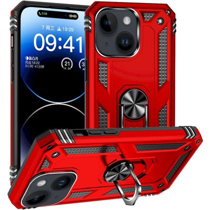 Mobigear Armor Ring Coque iPhone 15 Plus Coque arrière Rigide Anti-Chocs avec Anneau-Support - Rouge