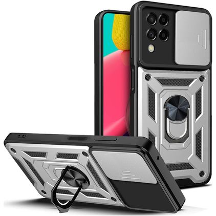 Mobigear Armor Ring Cam Slide Samsung Galaxy M53 Plastique rigide Coque arrière Antichoc avec bague de maintien - Argent