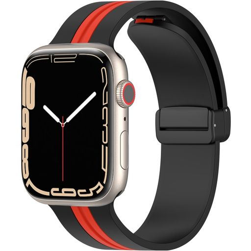 Mobigear Stripe Mag Bracelet Silicone Apple Watch Fermeture magnétique - 42/41/40/38 mm - Noir / Rouge