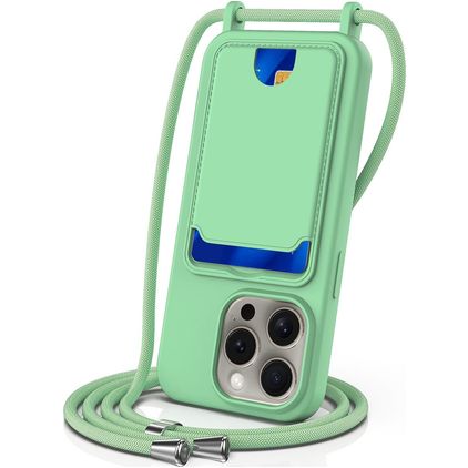 Mobigear Lanyard Card iPhone 16 Pro Max Coque avec cordon en Silicone et Porte-Cartes - Vert