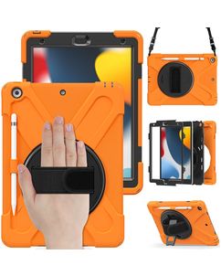 Mobigear SureGrip XGuard Coque iPad 9 (2021) Coque arrière en Plastique rigide,Silicone + Porte-crayon + Bandoulière + Support Amovible - Orange