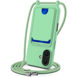 Mobigear Lanyard Card iPhone 16 Coque avec cordon en Silicone et Porte-Cartes - Vert