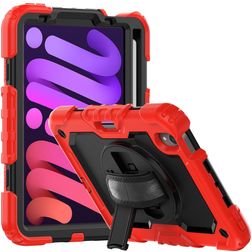 Mobigear SureGrip Xtreme Coque iPad Mini 7 (2024) Coque arrière en Plastique rigide,Silicone + Porte-crayon + Bandoulière + Support Amovible - Noir / Rouge