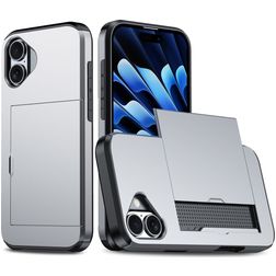 Mobigear Card Coque iPhone 16 Coque arrière Rigide Anti-Chocs avec Porte-Cartes - Gris