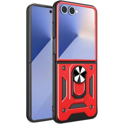 Mobigear Armor Ring Samsung Galaxy Z Flip 7 Plastique rigide Coque arrière Antichoc avec bague de maintien - Rouge