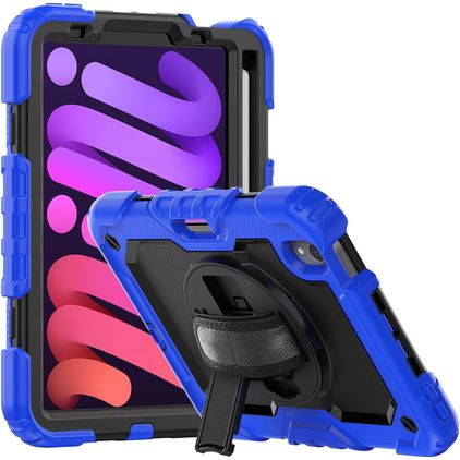 Mobigear SureGrip Xtreme Coque iPad Mini 6 (2021) Coque arrière en Plastique rigide,Silicone + Porte-crayon + Bandoulière + Support Amovible - Noir / Dark Blue