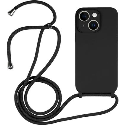 Mobigear Lanyard iPhone 15 Plus Coque avec cordon en Silicone - Noir