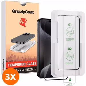 GrizzlyCoat AlignPro iPhone 15 Pro Verre trempé Protection d'écran - Compatible Coque + Cadre d'installation - Noir (Lot de 3)