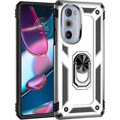 Mobigear Armor Ring Motorola Edge 30 Pro Plastique rigide Coque arrière Antichoc avec bague de maintien - Argent
